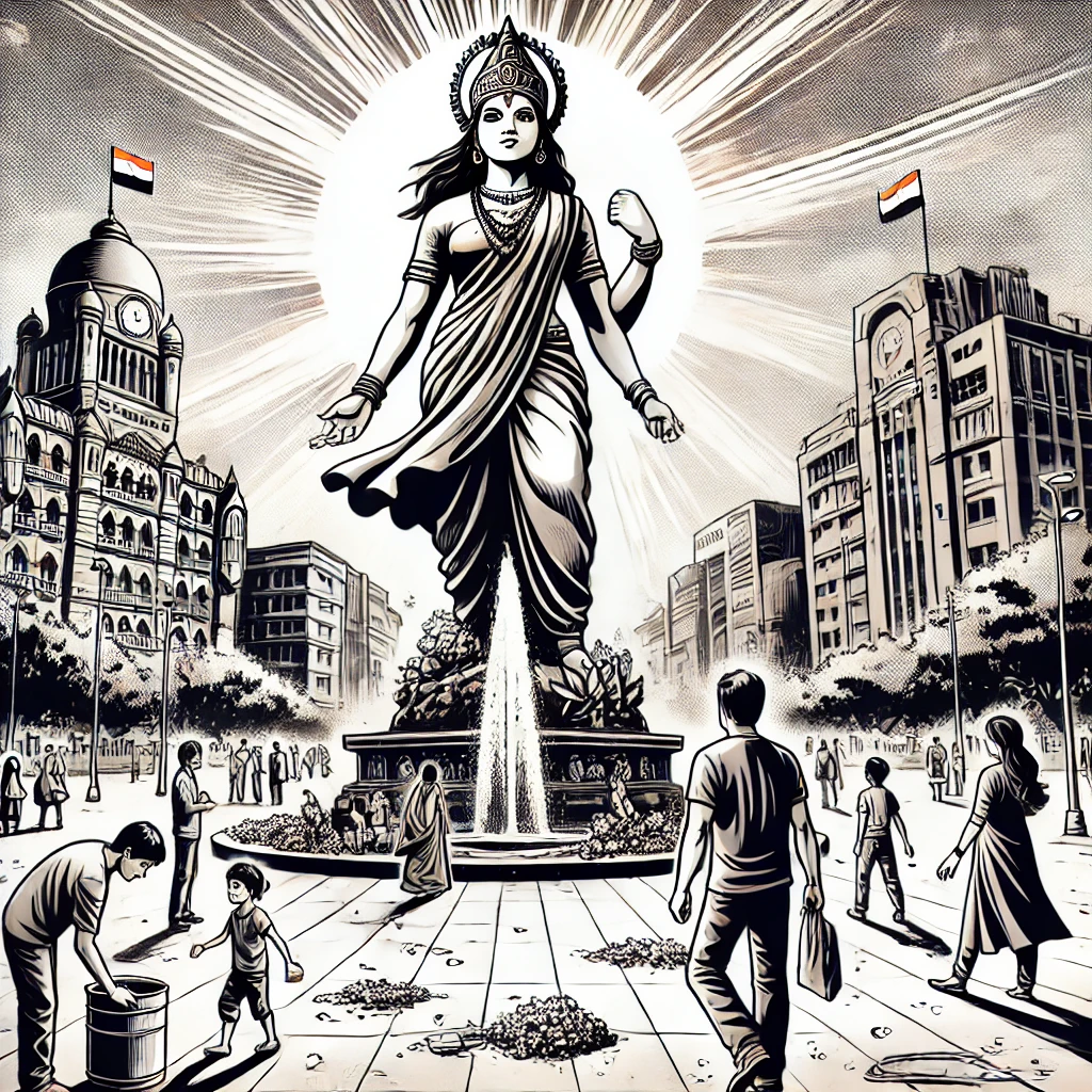 A grand statue of Shakti standing in a plaza in Mumbai.