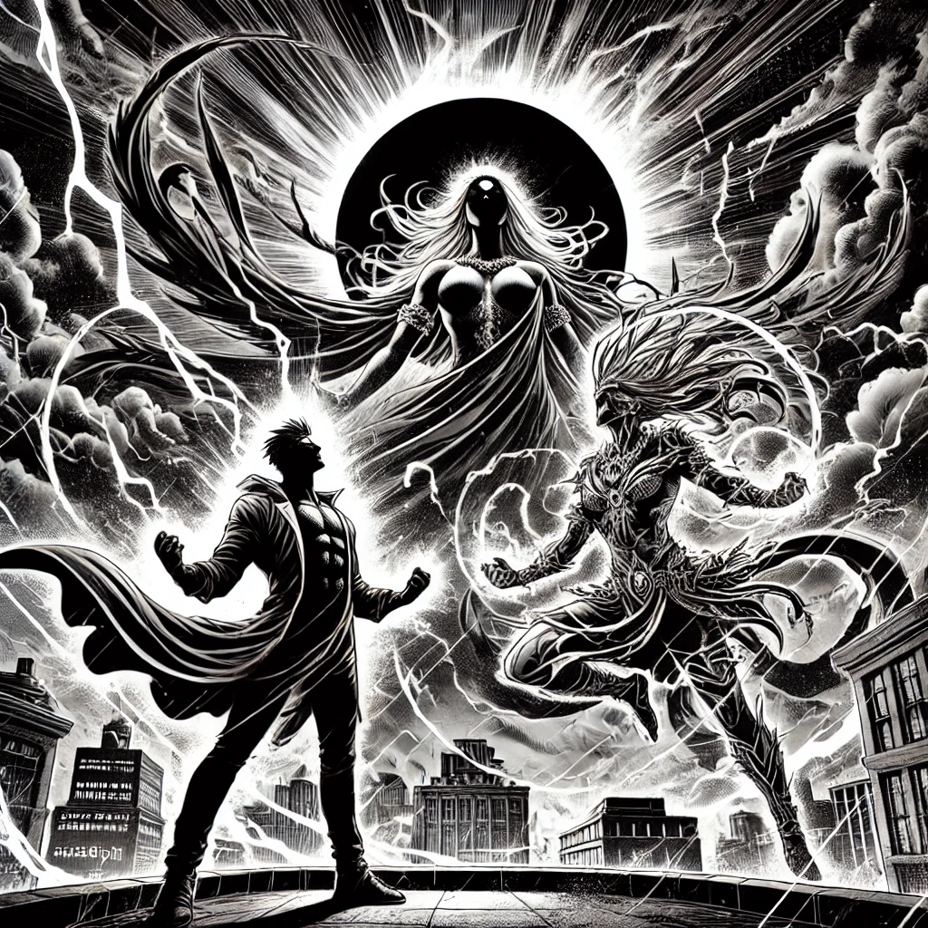 Shakti battling the leader of the Dark Alliance.