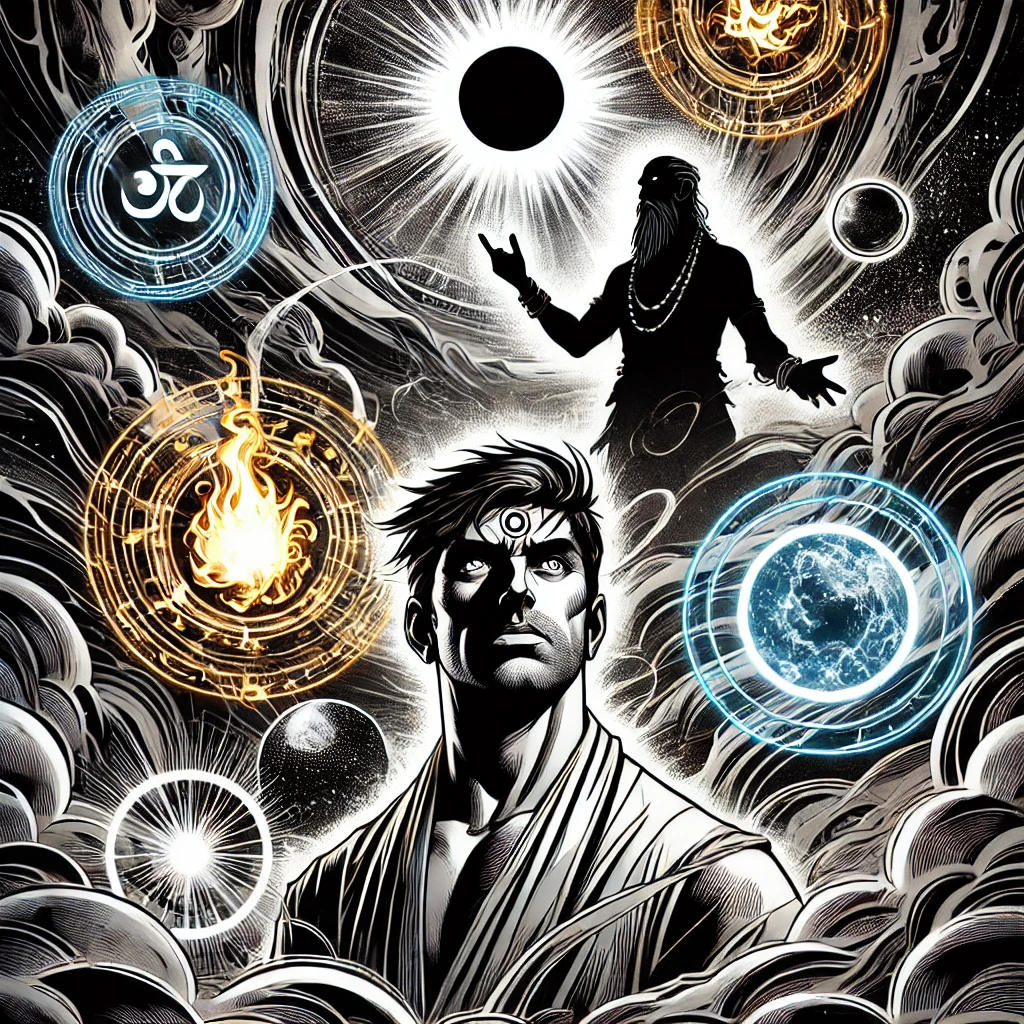 Shakti troubled by the prophecy, surrounded by the elements.